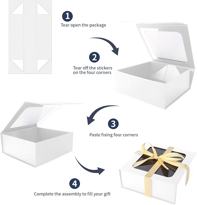 TIACABO White Gift Box with Window,7.5"x7.5"x3.1" Bridesmaid Boxe for Gifts Giving,Birthday Gift Boxes with Magnetic,Closure Lid Gifts Boxes for Presents,Cute Box,Luxury for Gift Packaging