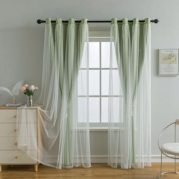 FANLI 2 Panels Star Blackout Curtains for Kid Girls Bedroom Living Room Darking Stripe Double Layer Star Cut Out Wall Home Decor Gradient Grommet Window Curtains (Green 63L)