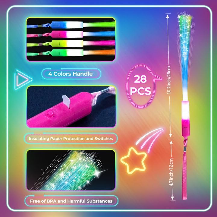 SHQDD 28 PCS Glow Fiber Wands Sticks, LED Light Wands, Glow in The Dark Party Supplies, Fiber Optic Wands, LED Flashing Sticks, Fiber Optic Light Wand Stick for July 4th Party, Wedding, Halloween