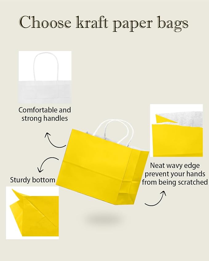 qiqee 100PCS Large Gift Bag with Handles Bulk 13"x4.5"x10" Gift Bags Bright Yellow Multiple Uses (32x11x25cm,Wide Large)
