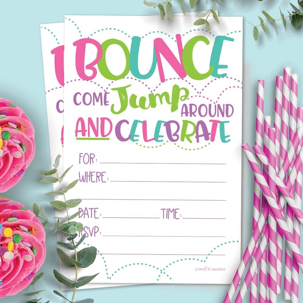 Girl Bounce House or Jumping Party Invitations (20 Count) With Envelopes - Jump Party Invites