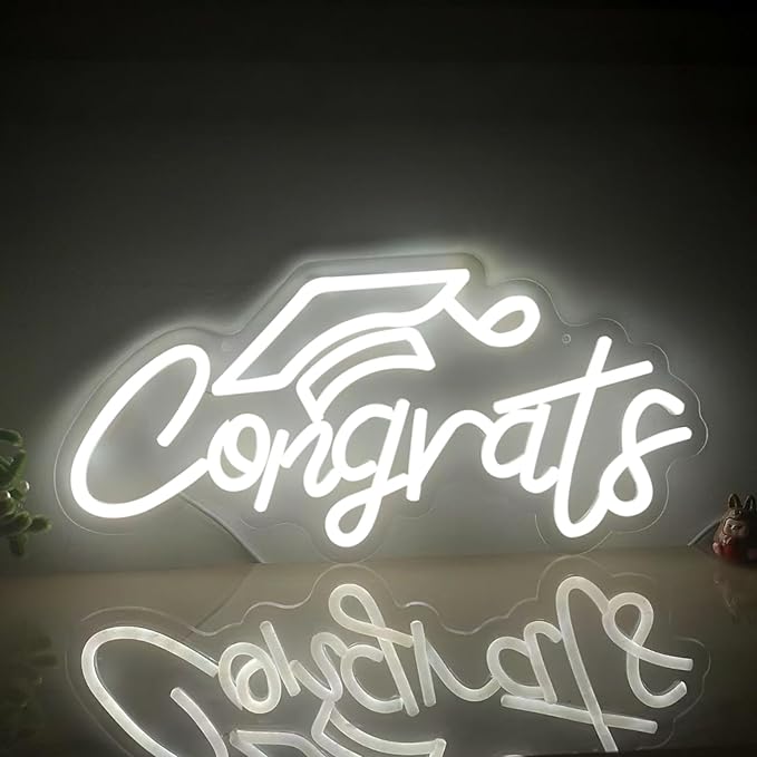 Congrats Grad Neon Sign for Backdrop wall decor，Dimmable USB Powered Light Up Letters for Dorm Walls，White Grad Gifts Sign for Graduation ClassRoom Party bedroom size:16.14 * 7.6 inch