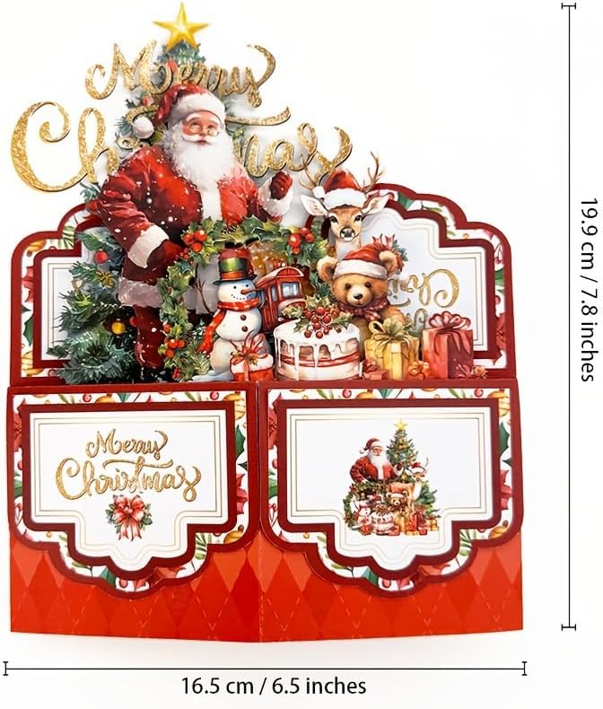Vintage 4-Layer Christmas Greeting Card with Santa Claus, Reindeer & Tree Design - White Paper Holiday Card with Envelope, Festive Holiday Party Invitation for Friends & Family