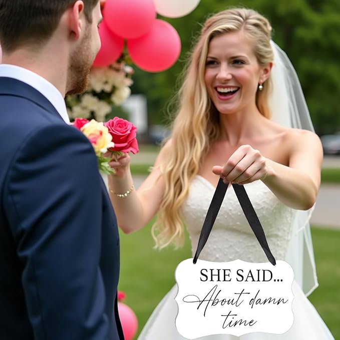 2 Pcs Acrylic Wedding Sign, Ring Bearer Sign, Rustic Wedding Decor Signs, Acrylic Wall Art With Ribbon for Chairs Weddings Decor and Event Party - He Asked She Said About Damn Time (White)