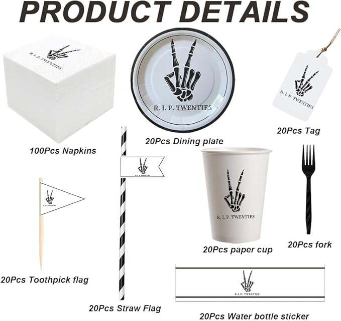 SharkBliss RIP Twenties Party Supplies 240 PCS – Paper Cocktail Napkins Party Cups Water Bottle Labels Toothpick Flags Drinking Straws Gift Tags Forks Plates for Death to My 20s 30th Birthday