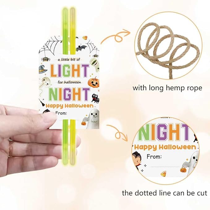 50pcs Halloween Glow Stick Holder Tags, A Little Bit of Light for Halloween Night Tags for Halloween Party Favor and Gift Wrapping Decoration (Light)