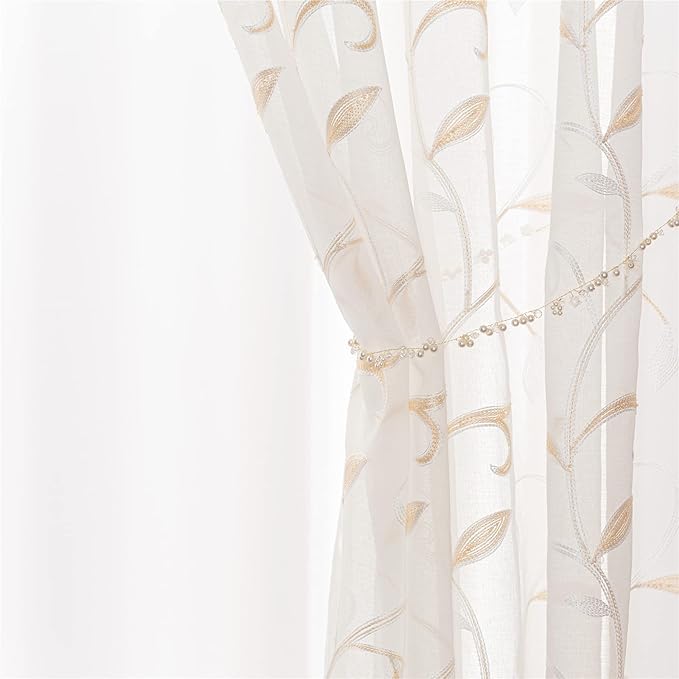VISIONTEX White Sheer Voile Curtains, Decorative Beige Leaves Embroidery Faux Linen Rod Pocket Window Drapes for Home Kitchen, Living Room and Bedroom 54 x 108 Inch, Set of 2 Curtain Panels