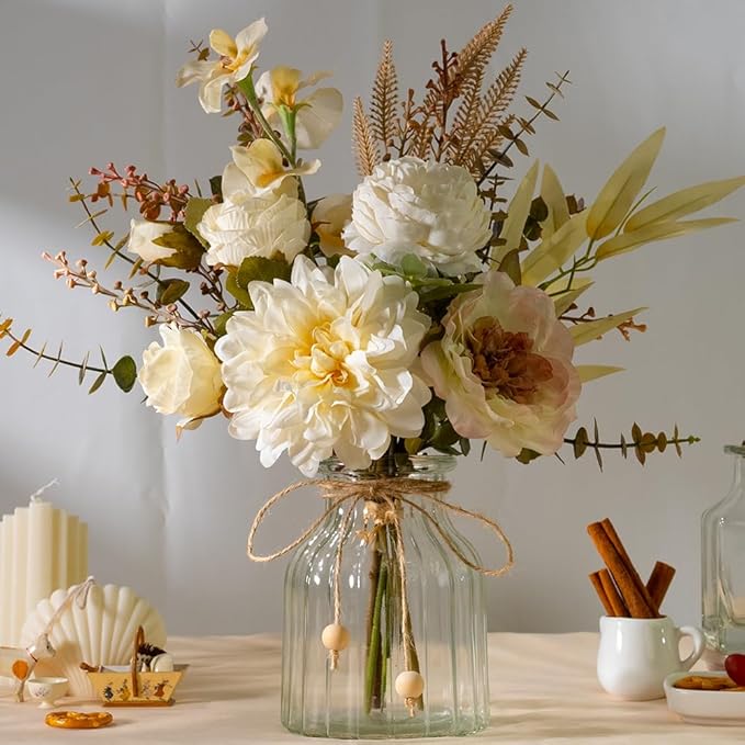 LESING Dahlia Flower Aritificial Flower with Vase Fake Silk Flowers in Glass Vase Faux Rose Flowers Arrangement for Home Office Table Centerpiece Decoration (White)