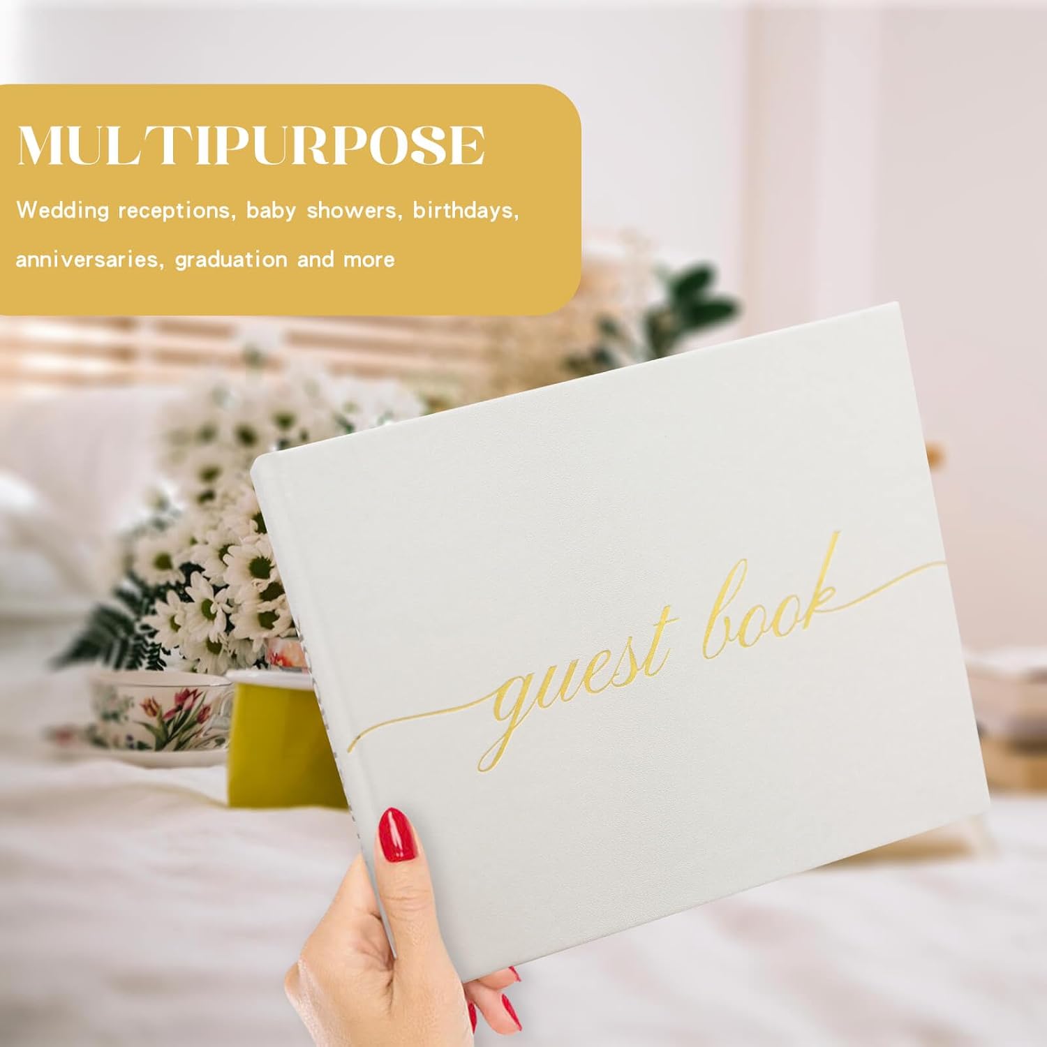 Elegant Wedding Guest Book - Perfect for Wedding Receptions, Baby Showers, Birthdays and Special Events - Polaroid Guest Book with 110 Lined Pages for Sign-in and Photos -Hardcover (White)