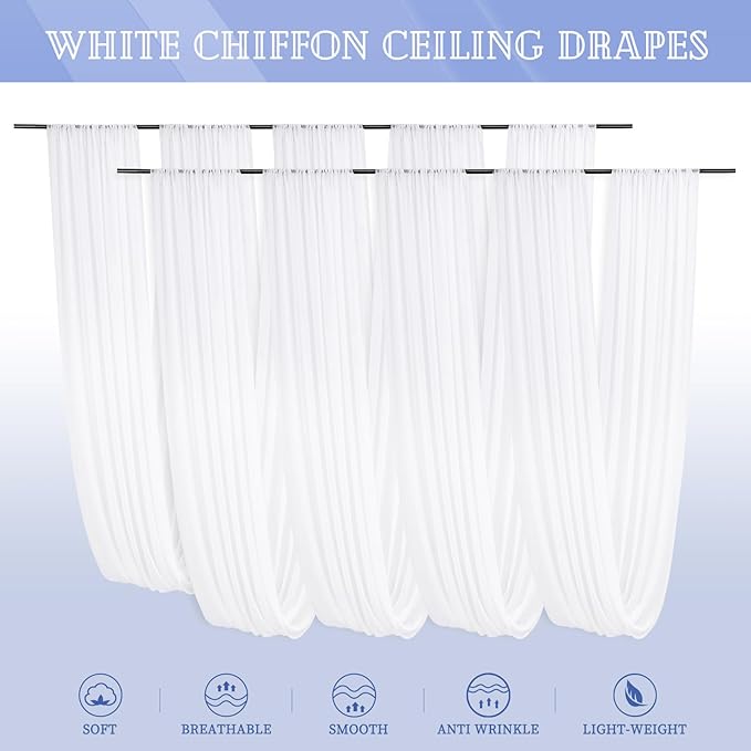 8 Panels White Ceiling Drapes for Wedding 5ftx40ft Sheer Drapery Chiffon Fabric Arch Draping Curtains for Party Ceremony Birthday Baby Shower Reception Stage Ceiling Decorations