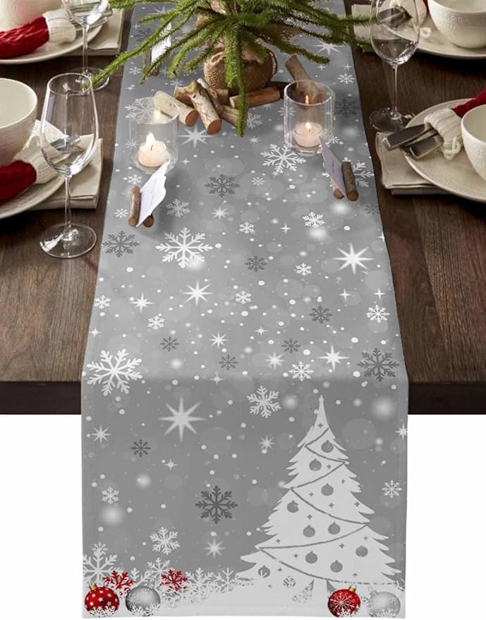 Christmas Snowflakes Cotton Linen Table Runner for Dining Kitchen, Xmas Tree Snow Winter Wedding Outdoor Party Tablerunners Decoration, Grey Balls Dresser Scarf Coffee Tablecloth Runners 13x70 Inches