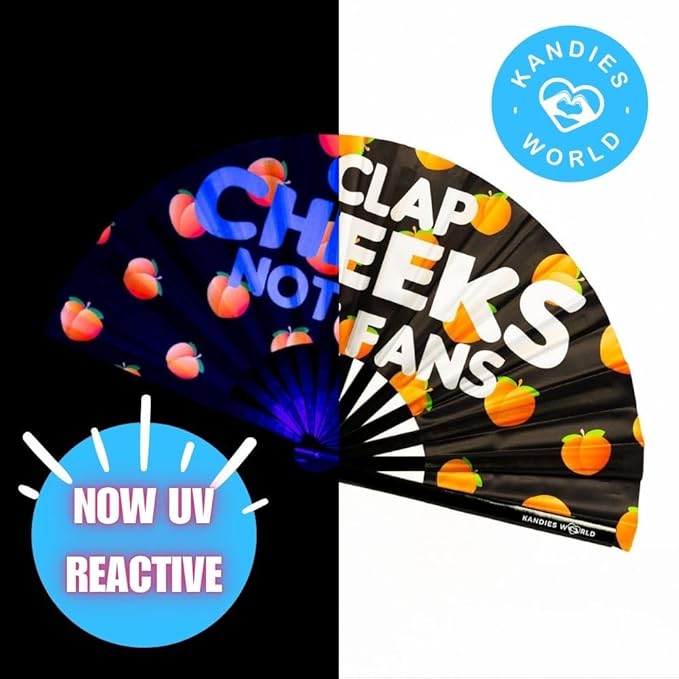 Kandies World UV Reactive Custom Festival Folding Hand Fan - Unique Designs, Bamboo, Clacking Sound, Lightweight - Perfect Rave and Festival Accessory! (Clap cheeks not fan)