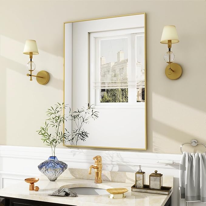 BEAUTYPEAK Gold Bathroom Wall Mirror - 20" x 28" Rectangular Mirror with Metal Frame, Hangs Horizontal or Vertical for Living Room Bedroom Bathroom Entryway