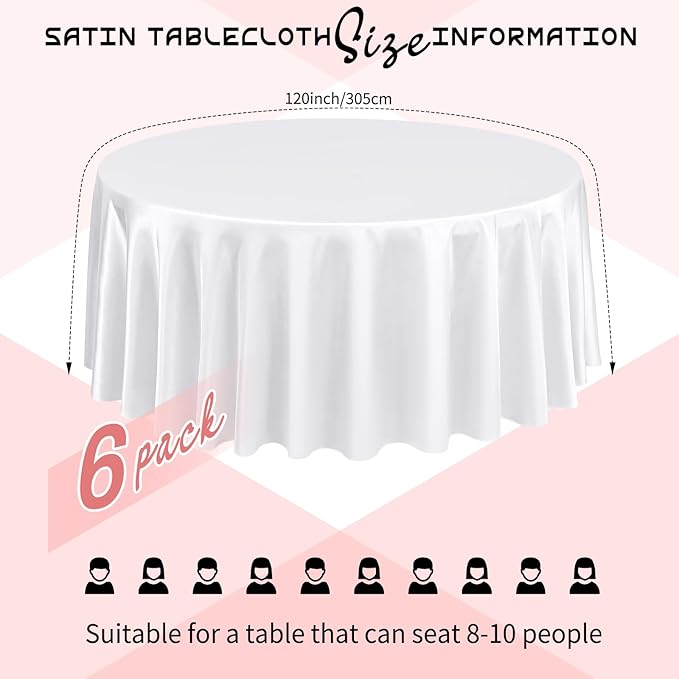 6 Packs Satin Tablecloth 120 Inch White Round Table Cloth Silk Tablecloth Smooth Fabric Overlay Satin Table Cover Decoration for Wedding Party Banquet Events