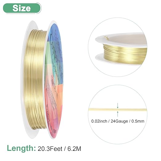 0.5 mm/24 Gauge Copper Wire for Jewelry Making, 20.3FT Copper Beading Craft Wire for Jewelry/Weaving/DIY Crafting/Planting, Color-Retaining [6.2M, Light Golden]