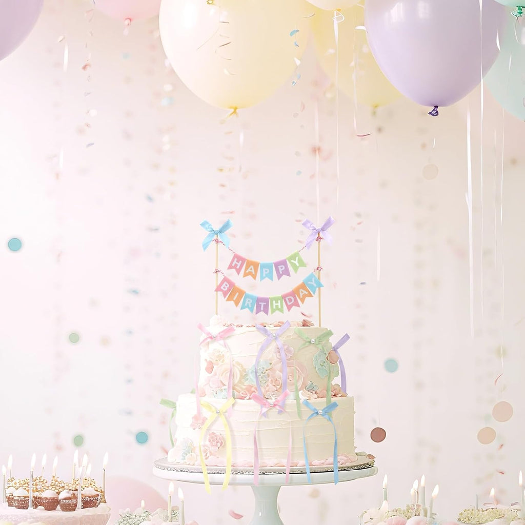 Honeydak 11 Pcs Pastel Bow Ribbon Cake Topper Happy Birthday Cake Bunting Topper with Wood Pole Handmade Pennant Flags with Bows Ribbon for Birthday, Bridal Party Decoration