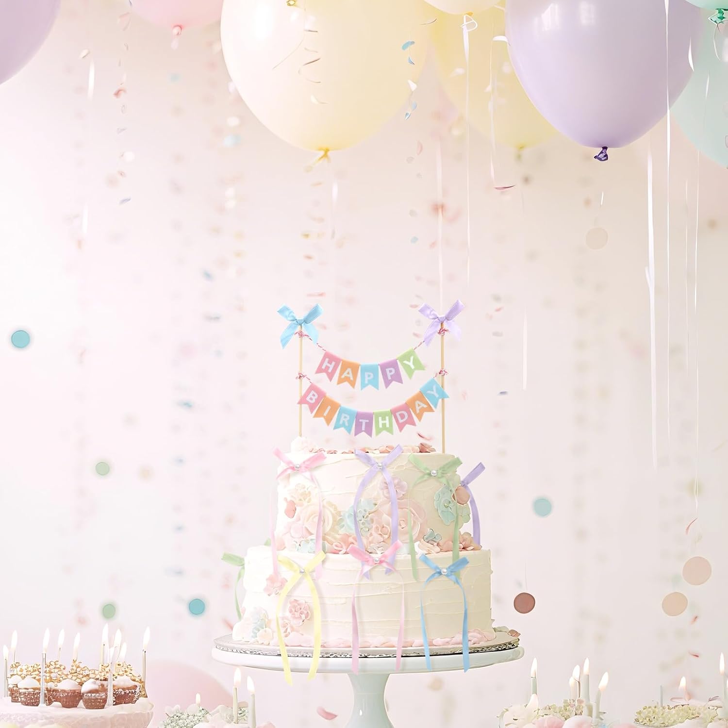 Honeydak 11 Pcs Pastel Bow Ribbon Cake Topper Happy Birthday Cake Bunting Topper with Wood Pole Handmade Pennant Flags with Bows Ribbon for Birthday, Bridal Party Decoration