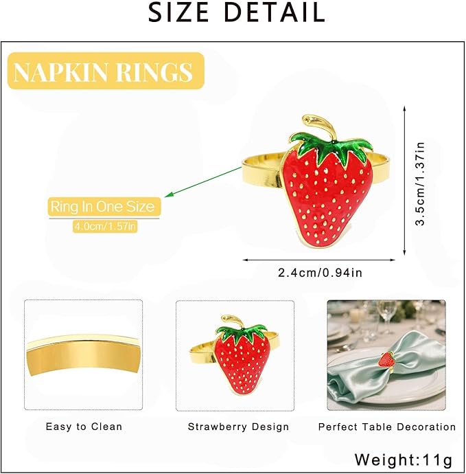 Gold Strawberry Napkin Rings Set of 8 Fall Fruit Napkin Ring Holders for Garden Weddding,Rustic Farmhouse Napkin Rings for Christmas Thanksgiving Day Family Gathering Dinner Table Decor