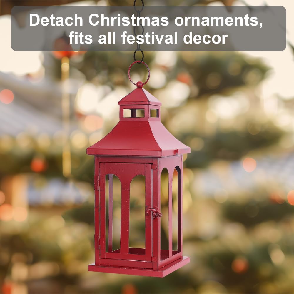 Christmas Decorations for Home, Decorative Christmas Lantern Indoor Outdoor Decor, Metal Hanging Candle Holder with Xmas Teardrop Wreath and LED Candle for Table Centerpieces, Patio (Red)