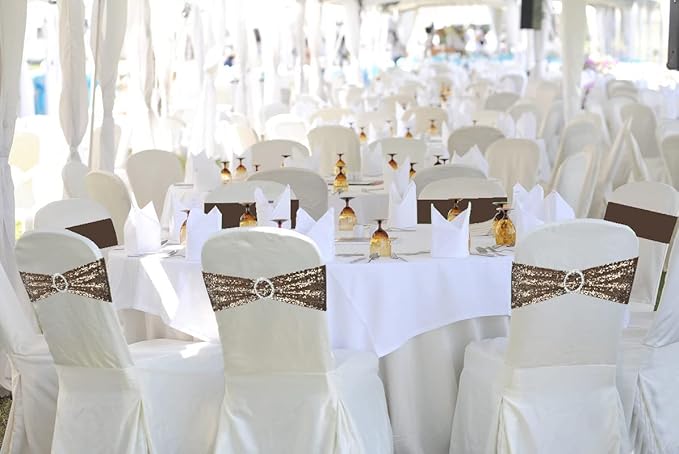 25 Pcs Chair Sashes Sequin Stretch Chair Bands Spandex Polyester Bows for Party Hotel Wedding Banquets Decoration - Coffee