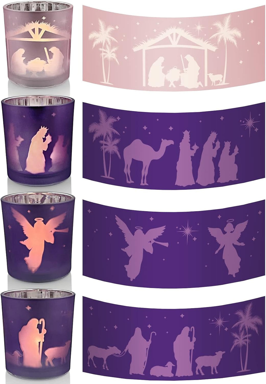 Advent Candle Holder Set of 4, Christian Decoration Votive Candle Holders, Glass Tealight Holders for Christmas Table Centerpieces Nativity Decorations, Purple & Pink