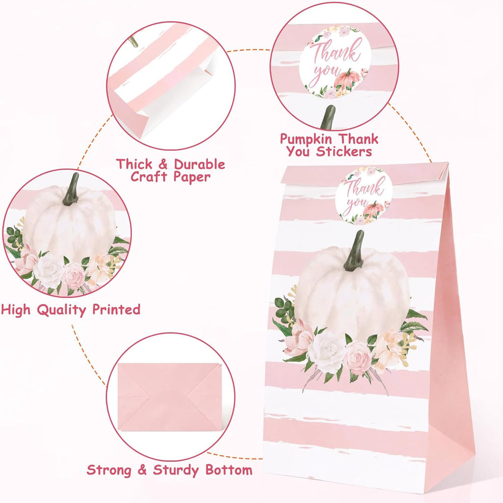 Sinasasspel 24Pcs Pumpkin Gift Bags with Thank You Stickers, Fall Paper Treat Bags Thanksgiving Party Favor Bags, Pink Little Pumpkin Candy Goodie Bags for Birthday Baby Shower Autumn Party Supplies