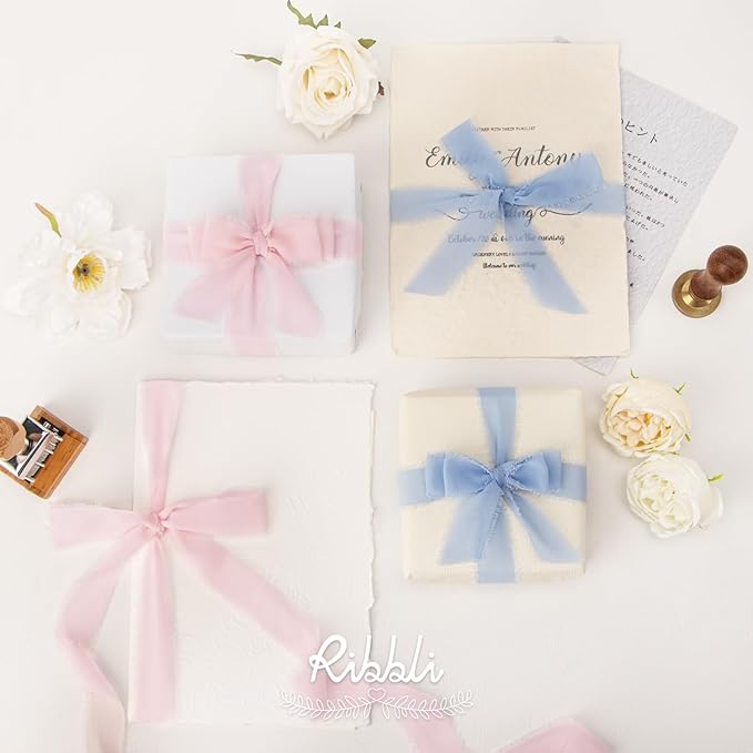 Ribbli Pale Blush Ribbon 1 Inch x 3 Rolls Total 24 Yards Light Pink Handmade Fringe Chiffon Silk Ribbon for Wrapping Wedding Invitations Bridal Bouquets DIY Crafts Home Decor