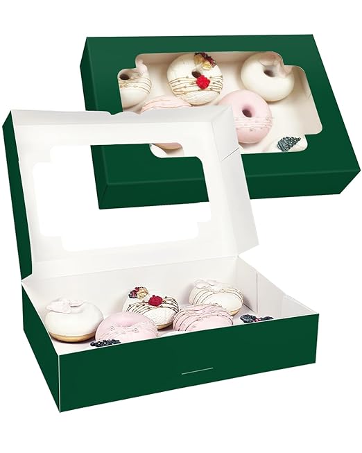 qiqee Auto-pop up Deep Green Cookie Box with Window 12x8x2.5 inch 32 Packs Two Uses One Second Folding Pastry Biscuit Bakery Box for Packaging
