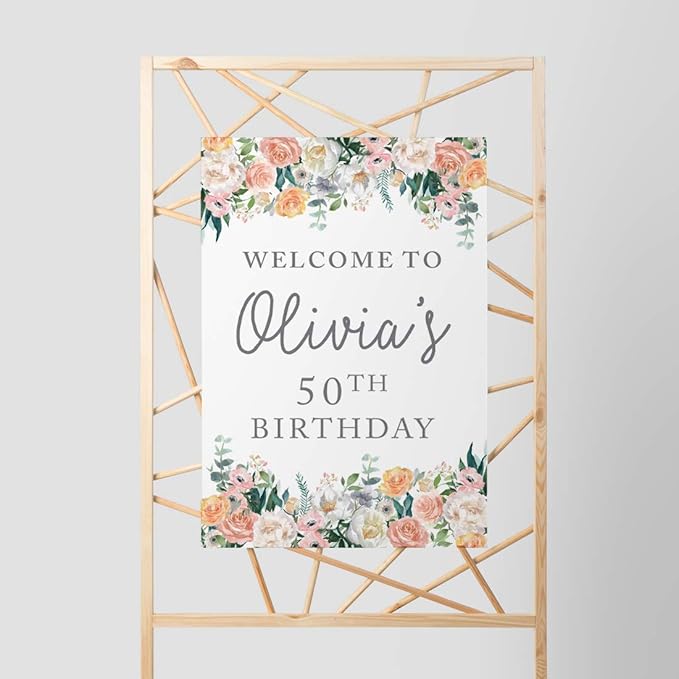 Andaz Press Personalized Extra Large Birthday Easel Board Party Sign, 12x18-inch, Peach Coral Floral Flowers Roses on White, Welcome to Olivia's 50th Birthday, 1-Pack, Custom Name Age