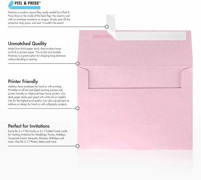 LUXPaper A7 Invitation Envelopes | Peel & Press | 5 1/4" x 7 1/4" | Rose Quartz Metallic | 80lb. Text | 50 Qty