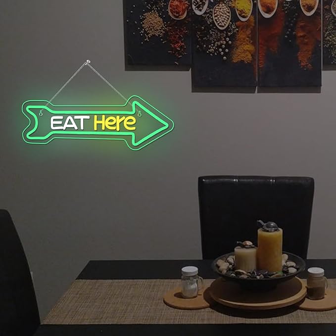 Looklight Eat Here Arrow Neon Sign Dimmale Neon Lights For Wall Decor Led Lights For Home Kitchen Restaurant Bar Party Decor USB Powered 16.6x5.5in