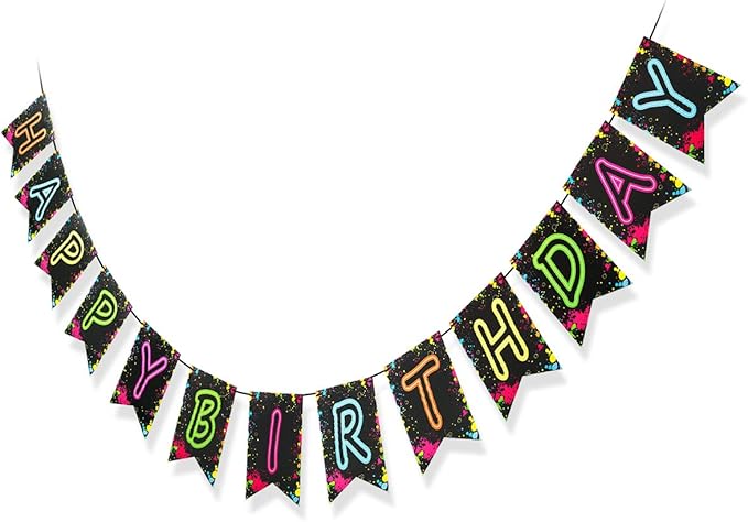 Glow Party Happy Birthday Banner Decoration（Already Assembled）, 80s Birthday Banner Let's Glow Party Decorations, Glow in the Dark Party Supplies, Neon Party Birthday Decorations