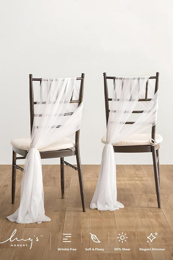 Ling's Moment Wedding Chiffon Chair Sashes Cover Aisle Decorations Draping Fabric Wrinkle-Free with Tie 16 Pcs White for Party Ceremony Reception Floral Arrangement Banquet Outdoor Decor