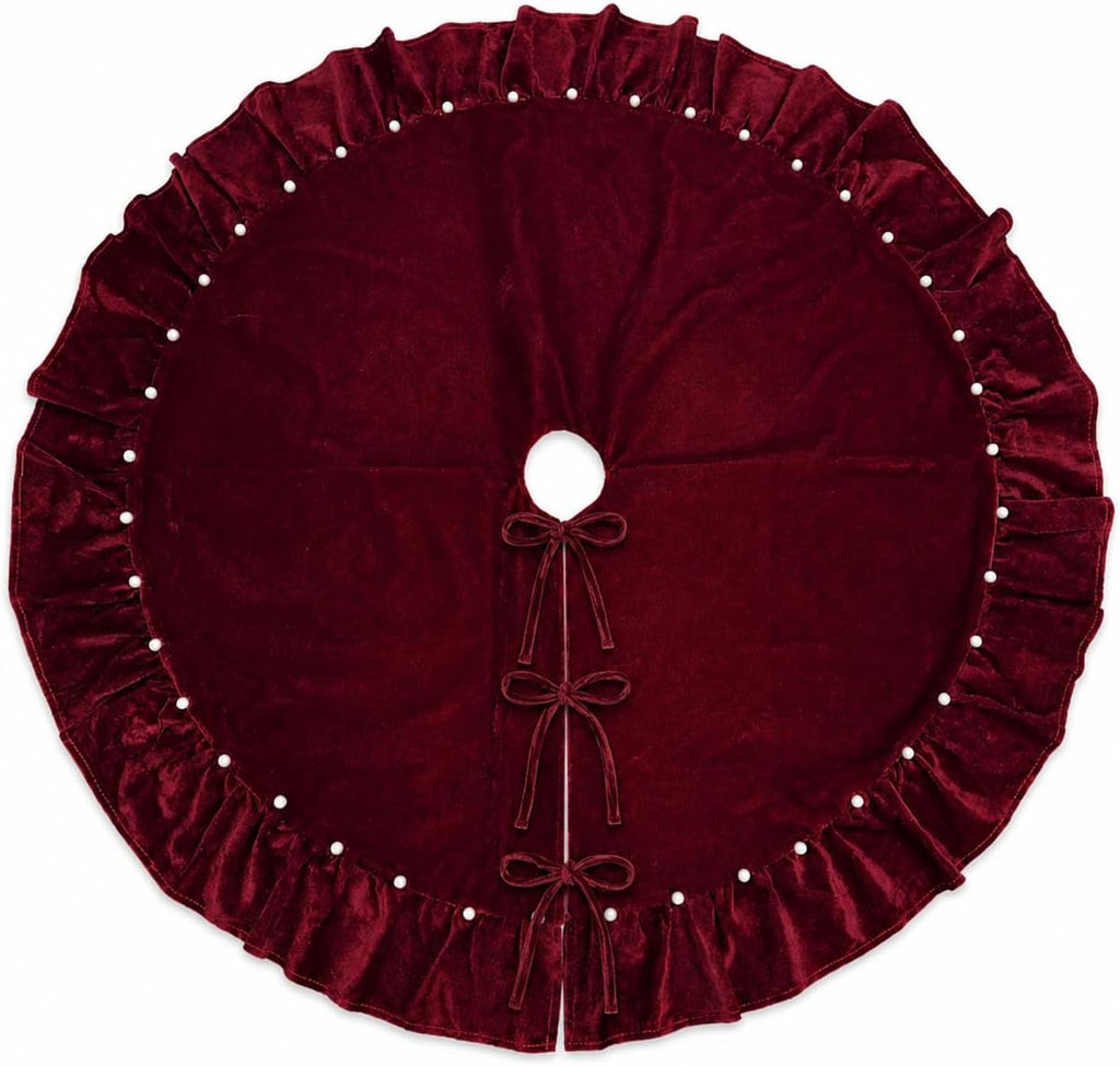 WineRed Velvet Christmas Tree Skirt with Ruffled Edge and Faux Pearl, 60 Inches Rustic Vintage Xmas Tree Skirt for Party Decorations