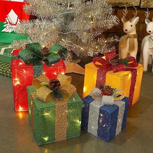 set of 4 christmas lighted gift boxes decorations, side view