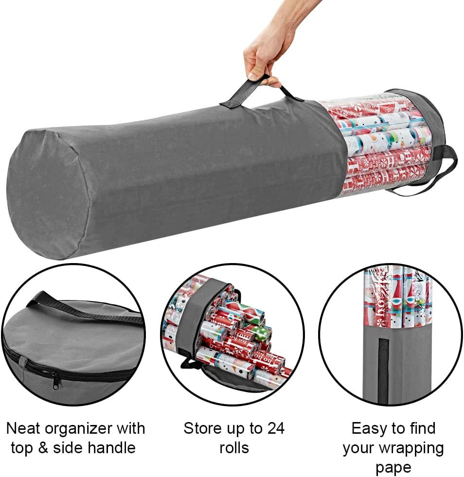 ProPik Gift Wrapping Paper Storage Organizer Bag, Store Up To 25 Rolls 40 Inch, Heavy Duty Polyester plus PVC Clear Bag With Handles And Zippered Top For Holiday Gift Wrap And Ribbons (Grey)