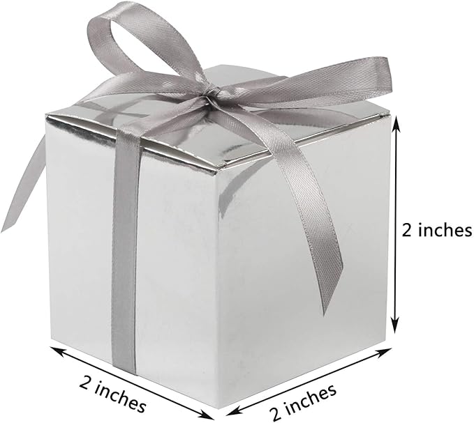 COTOPHER 100pcs Small Gift Boxes, Favor Boxes 2x2x2 inches Paper Gift Boxes with Ribbons Candy Box for Wedding Favors Baby Shower Bridal Shower Birthday Party (100 Metallic Silver)