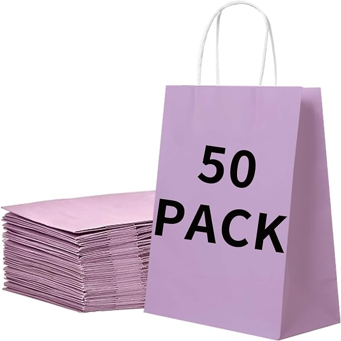 BAG BOX 50 Pack Small 5.9x3.1x8.25 Inch Purple Kraft Paper Gift Bags with Handles for Bulk Shopping, Retail, Craft, Party Favors, Wedding, Grocery & Sacks