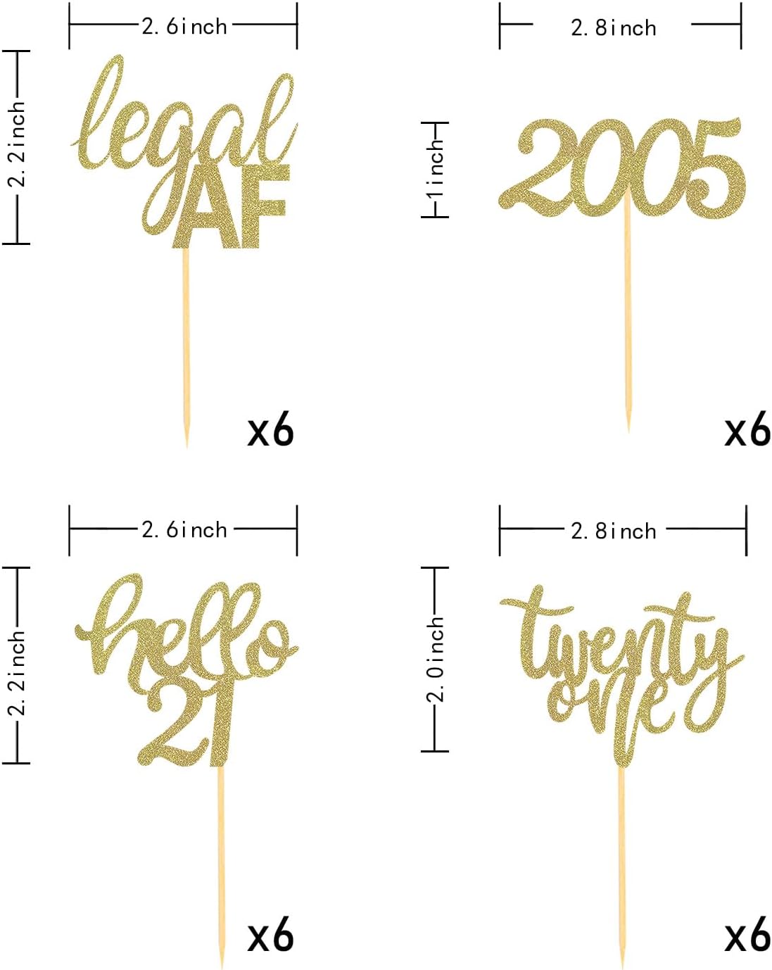 24 Pcs 21st Birthday Cupcake Toppers | Celebrating Twenty One Years Old Birthday Party Decorations，Glitter Gold