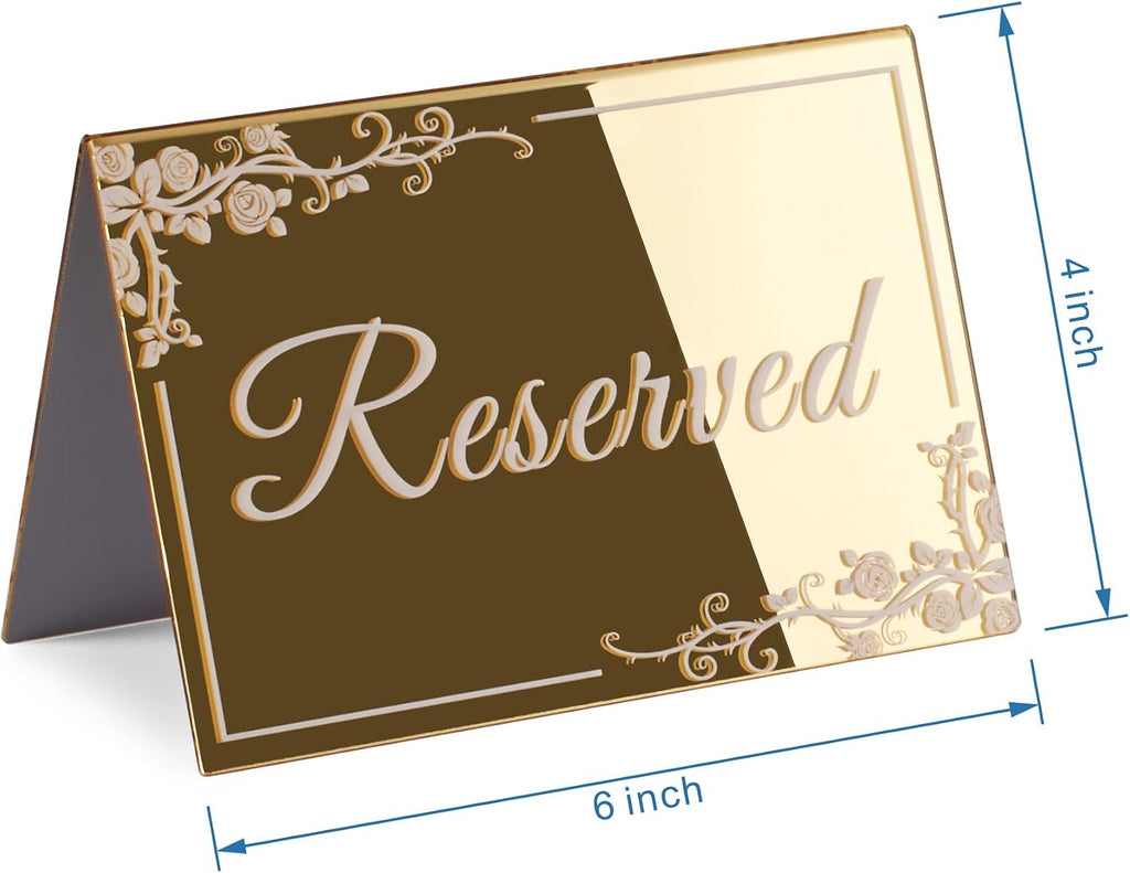 KAITELA 10 Pack Gold Acrylic Reserved Table Signs 6" x 4" Double Sided Reservation Seating Tent Cards for Wedding, Reception, Restaurant, Ceremony, Events