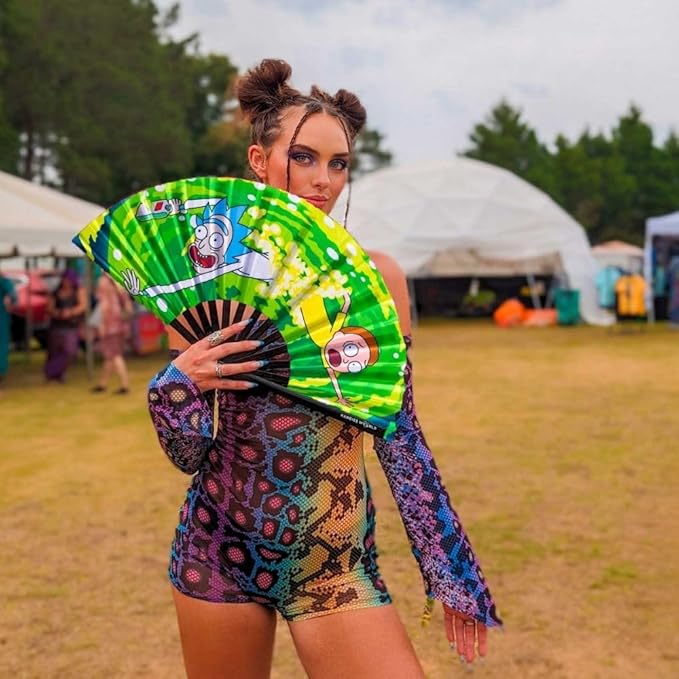 Kandies World UV Reactive Custom Festival Folding Hand Fan - Unique Designs, Made of Bamboo, Clacking Sound, Lightweight - Perfect Rave and Festival Accessory!