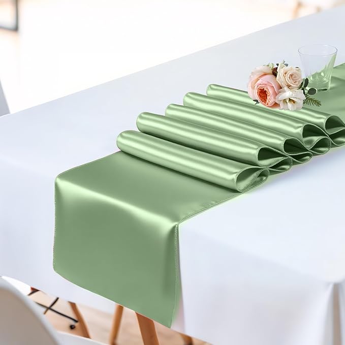 10 Pack Sage Green Satin Table Runner 12x108 Inches Long, Bright Silky Smooth Satin Table Runner Table Decor for Wedding Banquet Christmas Prom Event Birthday Party