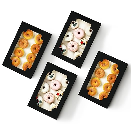 qiqee Auto-pop up Black Cookie Box with Window 12x8x2.5 inch 32 Packs Two Uses One Second Folding Pastry Biscuit Bakery Box for Packaging