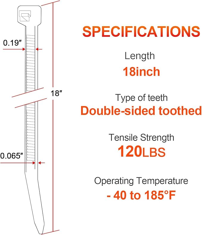 18 Inch Zip Ties Double Sided Toothed,120 LBS Tensile Strength Heavy Duty Cable Wire Ties With Self-Locking Adjustable More Durable Nylon Tie Wraps for Indoor Outdoor White（100 Pack）
