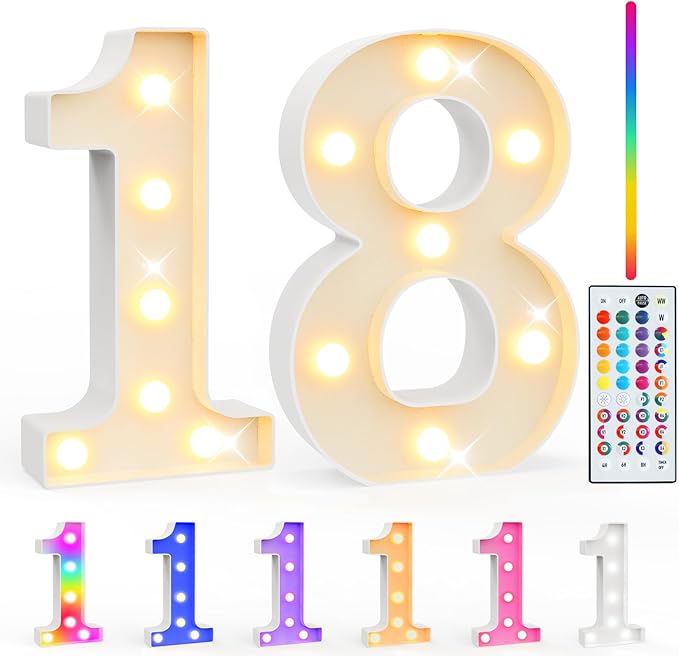 Pooqla 18th Birthday Decorations for Girls Boys, 35 Colors LED Light Up Numbers with Remote, Multicolor Marquee Numbers 18 Sign for Party Wedding Anniversary Decor 18th Birthday Gift, Number 18