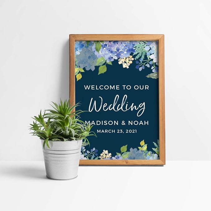 Andaz Press Personalized Extra Large Wedding Easel Board Party Sign, 12x18-inch, Baby Blue Hydrangea Floral Flowers on Navy Blue, Welcome to Our Wedding Bride Groom Name Date, 1-Pack, Custom
