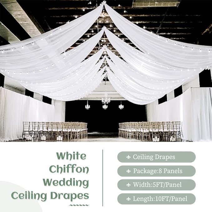 8 Panels White Wedding Ceiling Drapes 5ftx10ft Ceiling Drapes Chiffon Fabric Arch Draping Sheer Curtains Soft Drapery Draping Wedding Ceiling Decorations for Party Ceremony Stage Swag