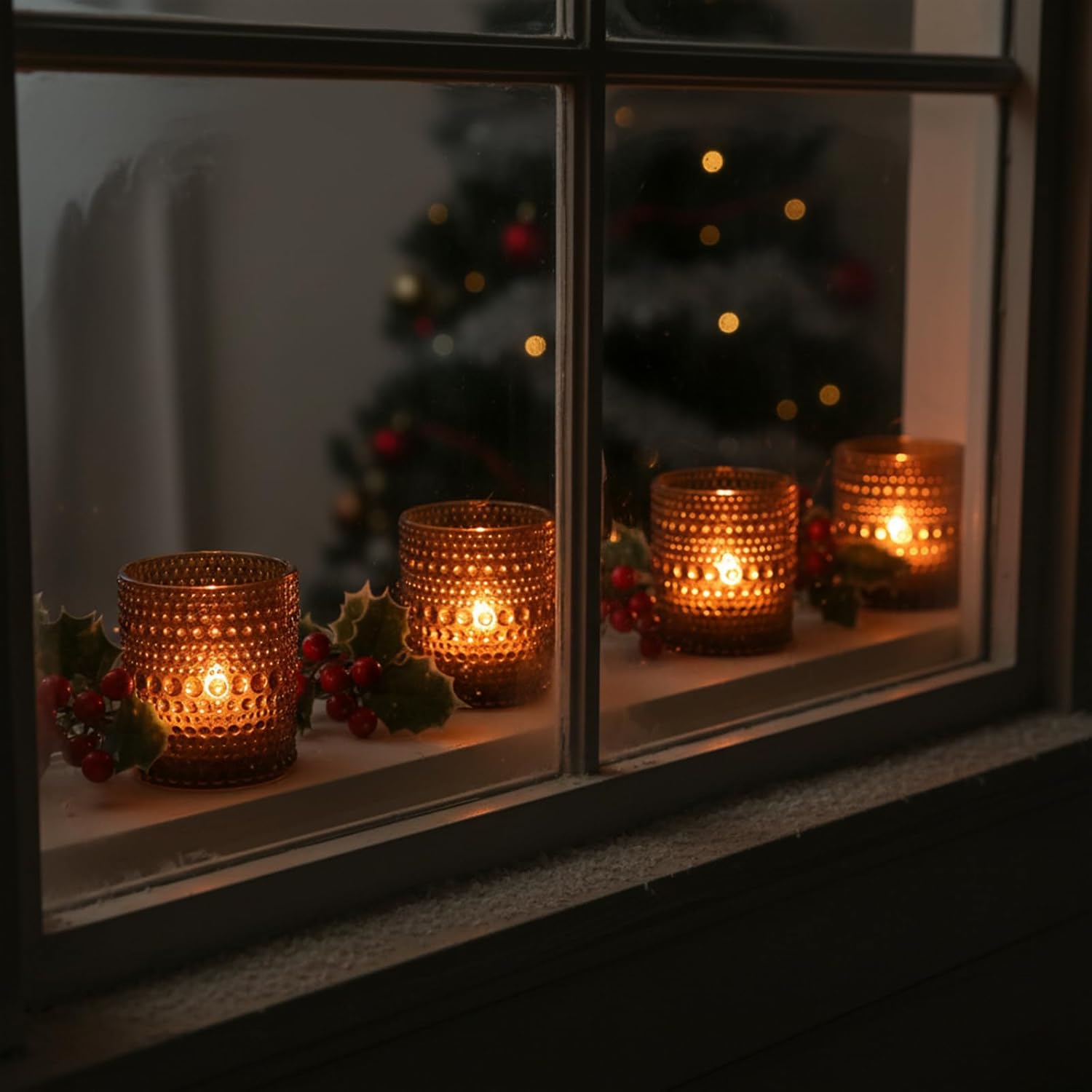 12Pcs Amber Votive Candle Holders 2x2.5in, Glass Tea Light Candle Holder for Wedding Table Decor & Christmas Thanksgiving