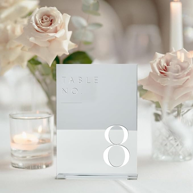 JINMURY Sliver Wedding Table Numbers 1-10 with Stands, 5"x7" Sliver Mirror Acrylic Table Numbers for Wedding Reception(Sliver Mirror White Font, Number 1-10, 5"x7")