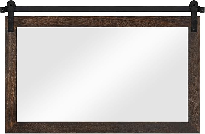 COGOOD Farmhouse Barn Door Mirror - 41 x 26 Rustic Wood Framed Wall Mirror for Bathroom, Living Room, Entryway Wall Decor (Black Brown)